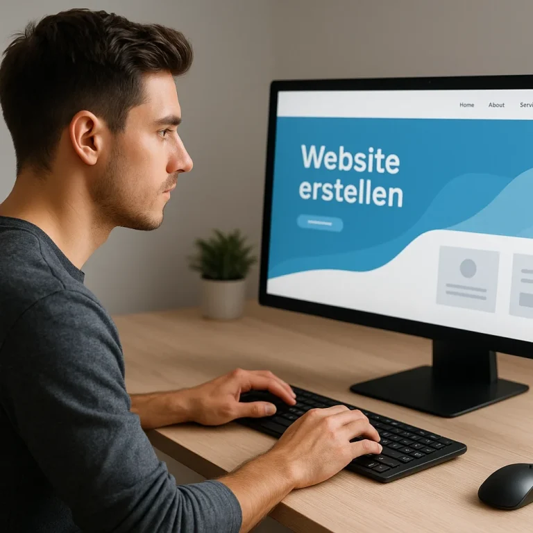Mann sitzt vor Computer und erstellt eine Website