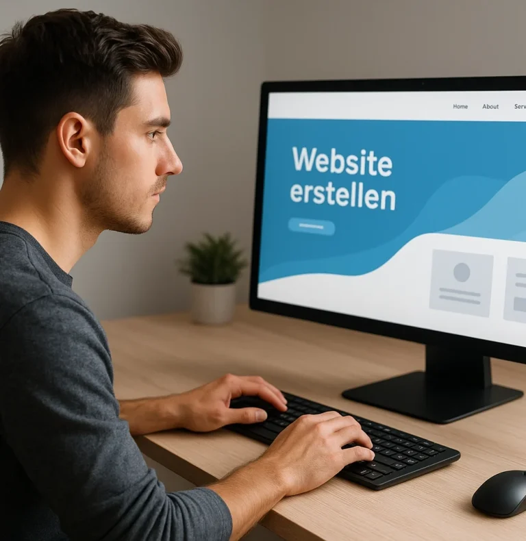 Website erstellen: 3 Möglichkeiten Ein Mann sitzt am Schreibtisch und erstellt am Computer eine Website